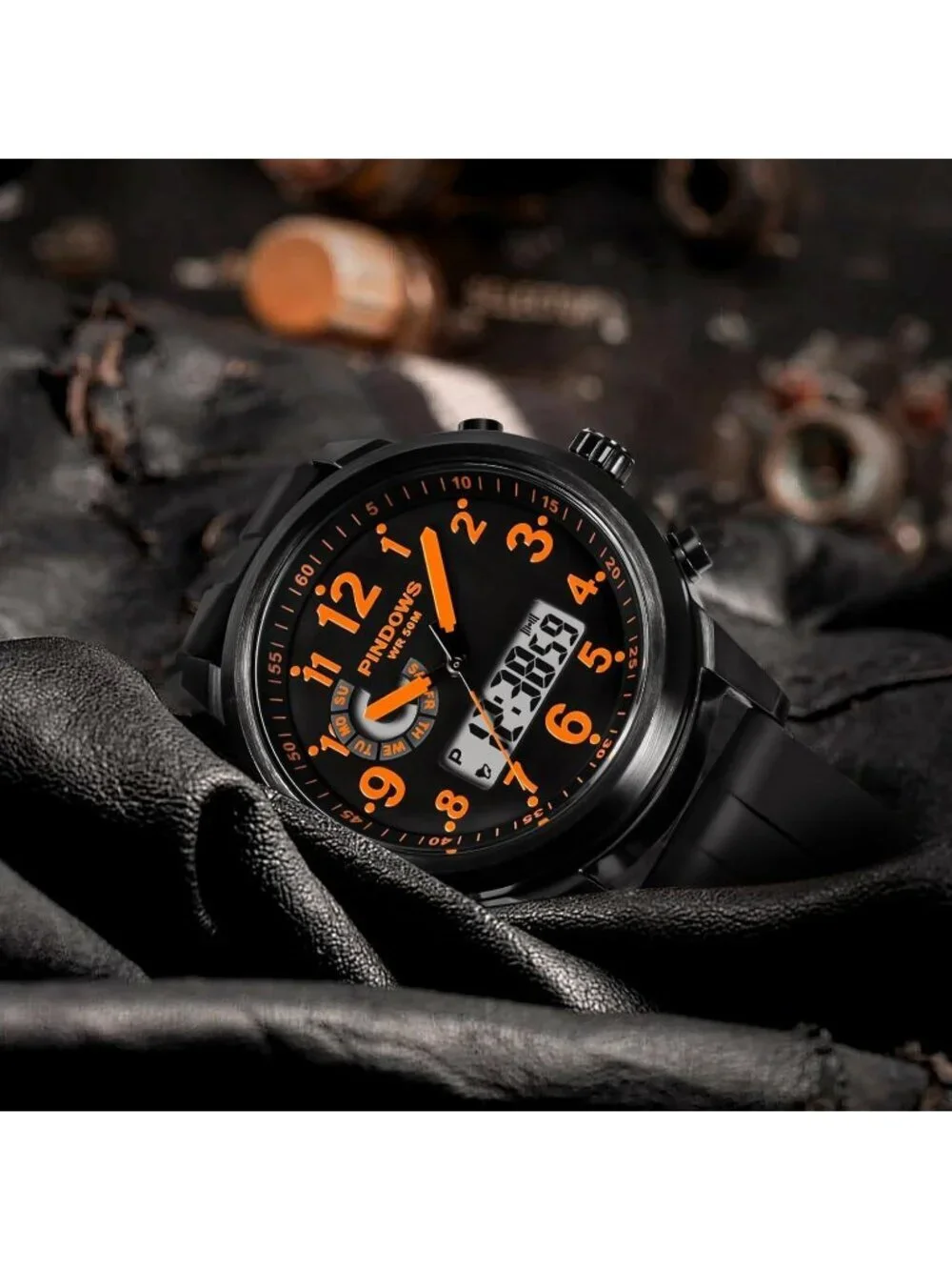 Men's Black And Orange Analog Waterproof Military Multifunctional Digital Watch